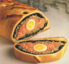 Russian Coulibac includes fish, rice and onions wrapped and baked in pastry.